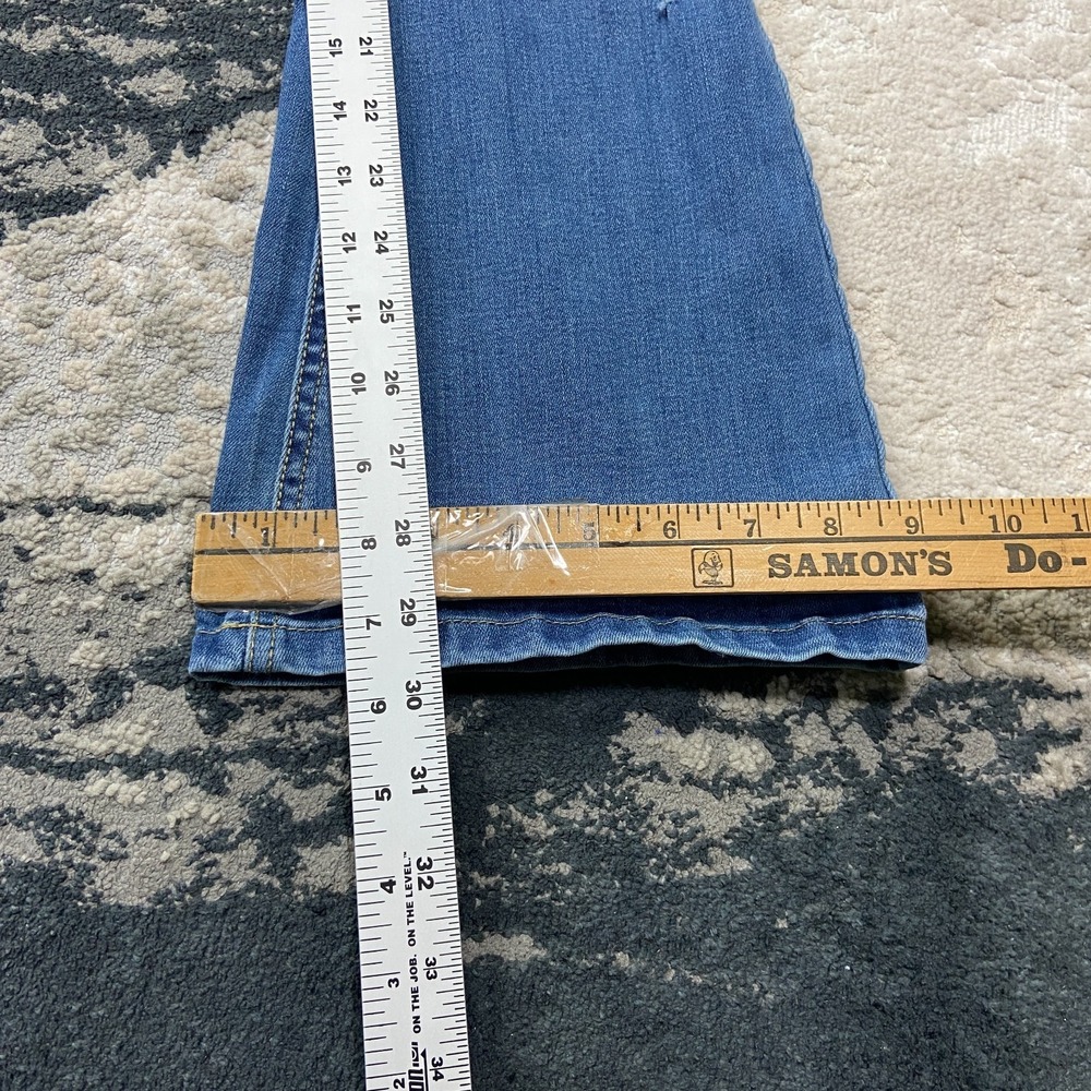 Y2K Indigo Rein Bootcut Flared Jeans Sz 1/24 Blue Whiskering Denim Distressed - Picture 4 of 7